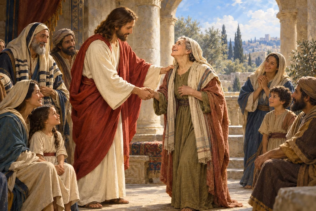 Jesus steadies a healed elderly woman as joyful onlookers watch.