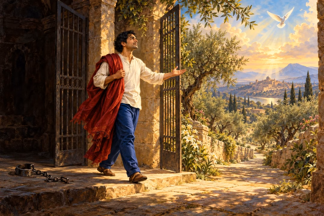 A man walks freely through an open stone gateway toward light, leaving an opened shackle behind.