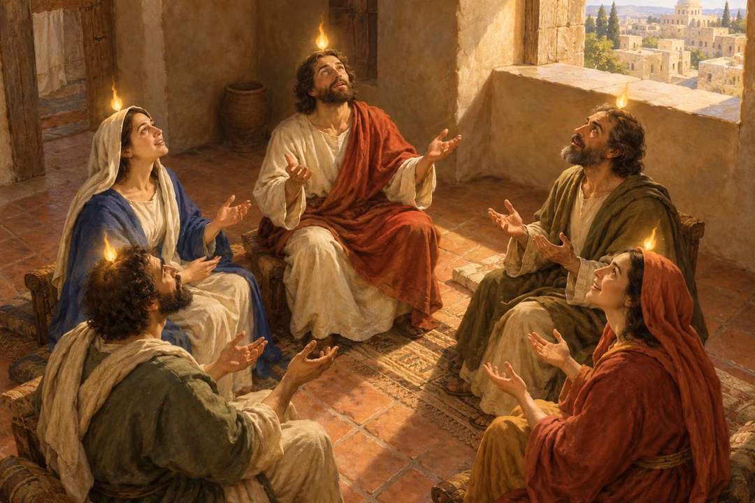 Five disciples receive warm spiritual light together in an upper room.