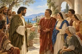 Peter welcomes Cornelius and his household in a luminous courtyard, honoring all with equal dignity.