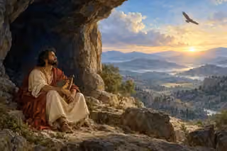 David sits with his harp at a cave’s mouth after a storm, looking toward dawn as an eagle rises over the hills.