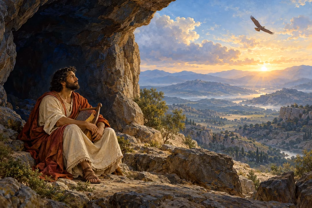 David sits with his harp at a cave’s mouth after a storm, looking toward dawn as an eagle rises over the hills.
