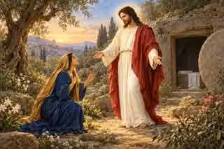 Risen Jesus welcoming Mary Magdalene beside the empty tomb in an olive garden at dawn.