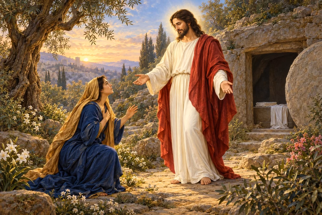 Risen Jesus welcoming Mary Magdalene beside the empty tomb in an olive garden at dawn.