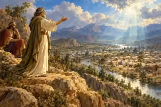 Balaam blesses the peaceful Israelite camp from a rocky overlook.