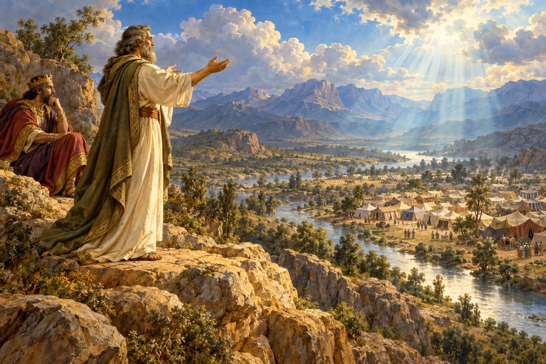 Balaam blesses the peaceful Israelite camp from a rocky overlook.