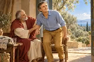 A man in a soft-blue shirt rises beside an open garden doorway while a friend gently supports his forearm, their faces showing gratitude and renewed hope.