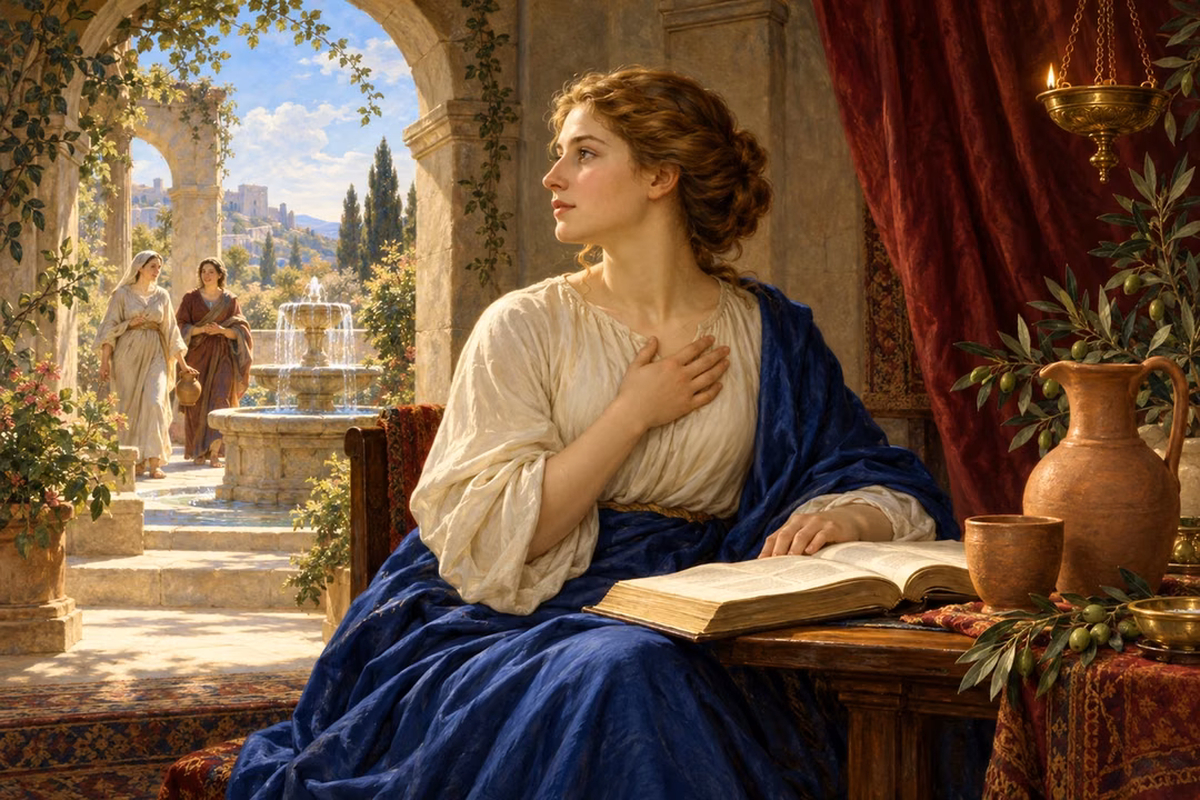 A woman reflects on scripture as neighbors approach a sunlit fountain.