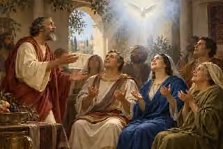 Painting of Peter pausing before Cornelius and his household as they lift open hands and faces toward a white dove surrounded by soft spiritual light.