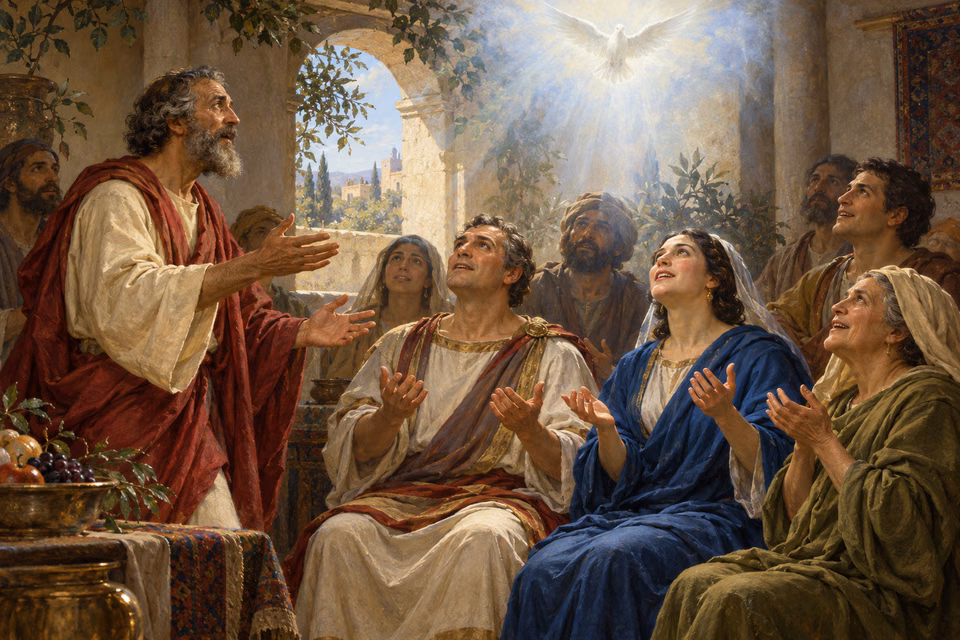 Painting of Peter pausing before Cornelius and his household as they lift open hands and faces toward a white dove surrounded by soft spiritual light.