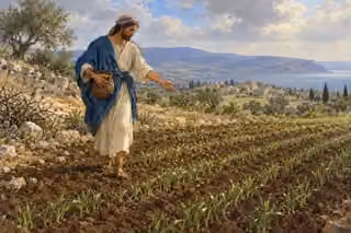 A farmer in ivory and blue scatters seed into fertile rows of young grain above a Galilean lake and village.