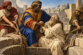 Ebed-melech supports Jeremiah after helpers lift him from the cistern.