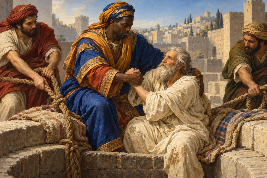 Ebed-melech supports Jeremiah after helpers lift him from the cistern.
