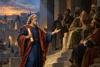 Jeremiah appeals to attentive officials at Jerusalem’s gate in the light of dusk.