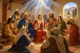 Near Eastern disciples rejoice and pray in the upper room under luminous flame-like light at Pentecost.