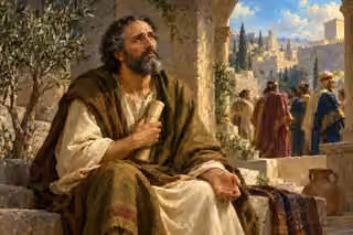 Jeremiah sits alone holding a scroll to his chest, looking upward as other people walk beyond a stone arch.