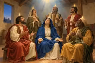 Raphael-inspired oil painting of six men and women in a Jerusalem upper room, looking upward with open mouths and prayerful hands beneath a shared light and small flames above their heads.