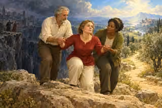 Two companions strengthen a weary woman as she faces a bright path with the old town across a gulf behind her.