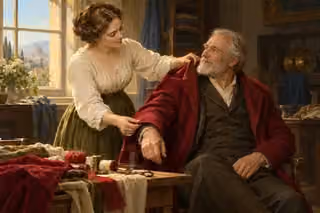 A woman carefully fits a warm coat around an older man's shoulders.