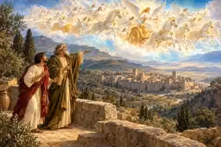 Elisha and his servant behold radiant horses and chariots above the hills of Dothan.