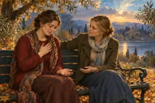 Two women sit together on a park bench beside a lake at evening; one rests a hand over her heart as the other offers reassurance.