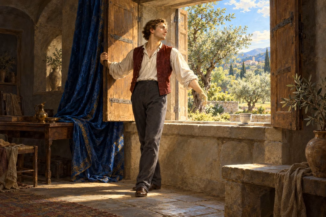 A man opens heavy shutters so gentle light fills a shadowed room, symbolizing inward honesty and freedom from hiding.