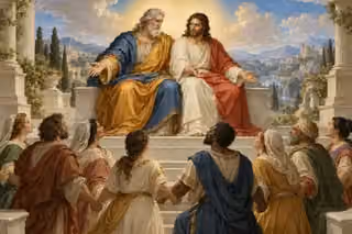 The Father and Son sit together in shared light above a fellowship joining hands in peace.