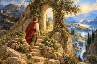 A pilgrim leaves his burden and approaches a narrow gate toward a bright valley.