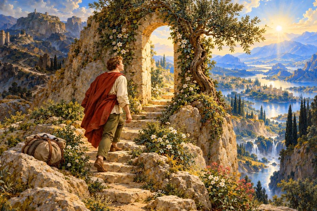 A pilgrim leaves his burden and approaches a narrow gate toward a bright valley.