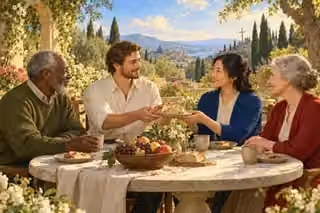 Four adults share bread around a round garden table, seated together in equal warm light.
