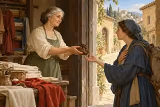 A humble shopkeeper returns a found purse to a traveler at a small workshop doorway.