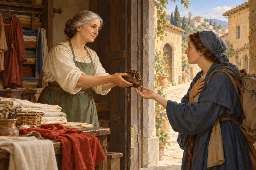 A humble shopkeeper returns a found purse to a traveler at a small workshop doorway.