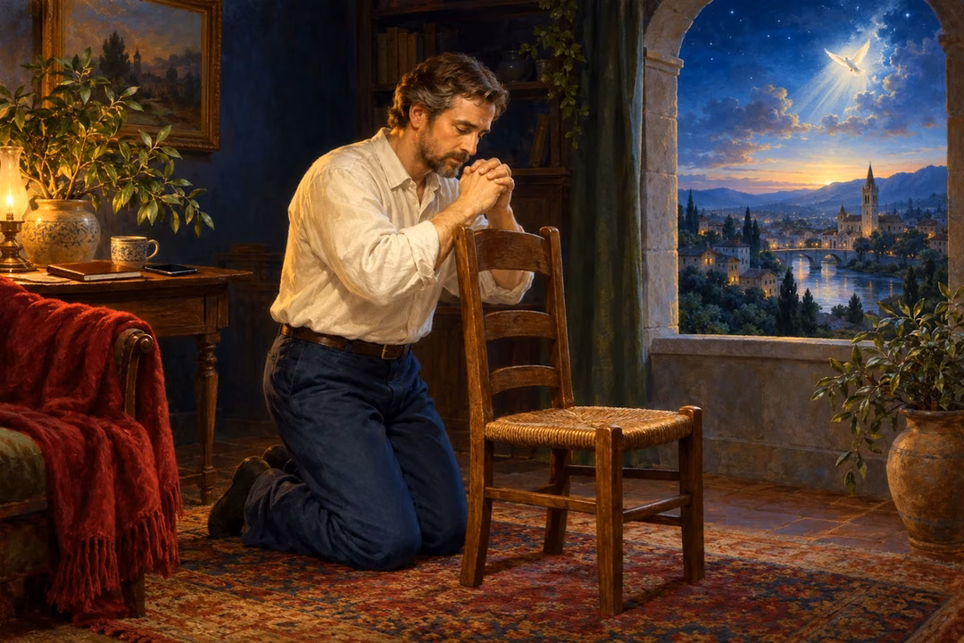 A man kneels in prayer beside a wooden chair as dawn brightens the town beyond his window.