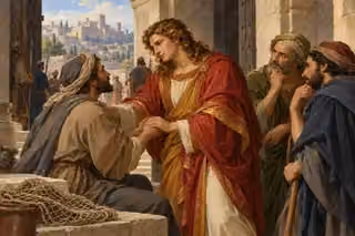 Absalom warmly greets petitioners at Jerusalem’s gate, while a folded net lies in the foreground and the king’s distant citadel rises beyond the gathering.