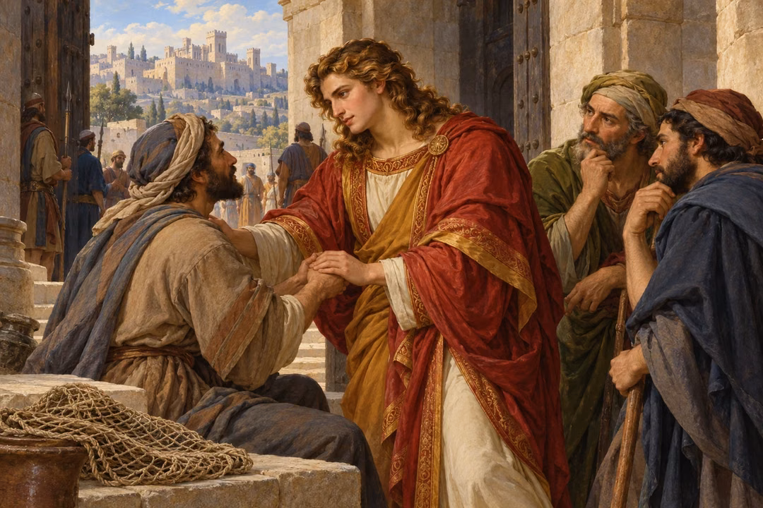 Absalom warmly greets petitioners at Jerusalem’s gate, while a folded net lies in the foreground and the king’s distant citadel rises beyond the gathering.