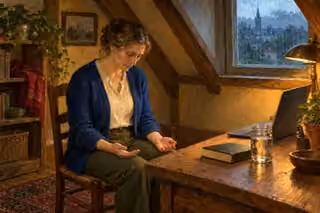 Raphael-inspired oil painting of a woman seated in a modest attic room with her head bowed and palms open on her knees, beside a desk with a closed book, glass jar and laptop as rain falls outside.