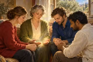 Two women and two men bow together in a close prayer circle, their hands softly lit beneath an open window overlooking olive trees.