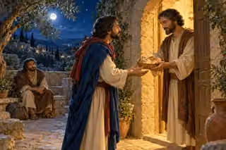 A neighbor offers three loaves at a lamplit doorway while a weary traveler rests in the moonlit courtyard.