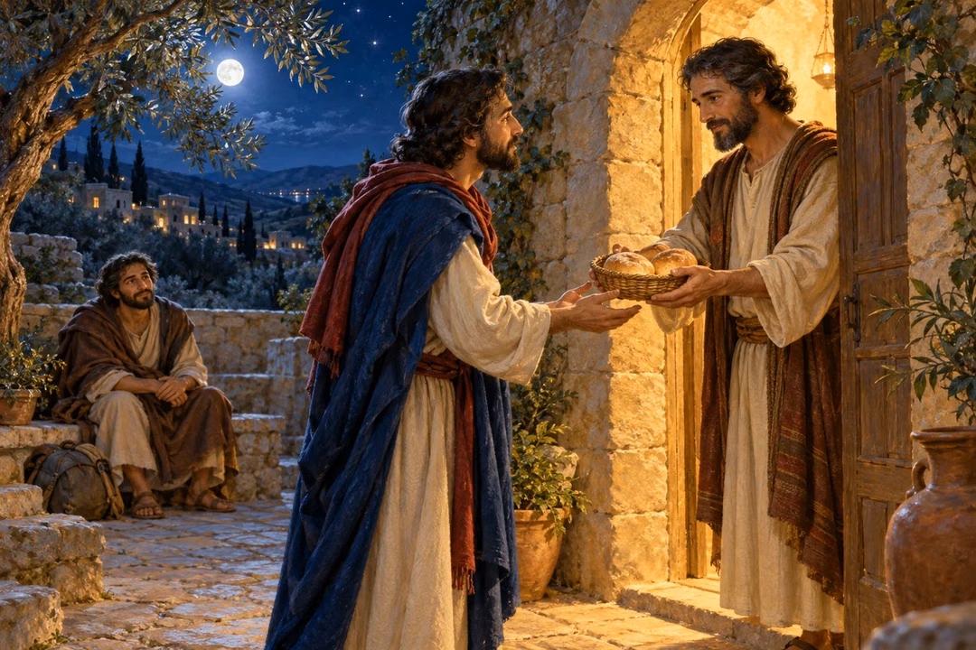 A neighbor offers three loaves at a lamplit doorway while a weary traveler rests in the moonlit courtyard.