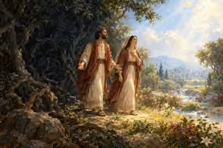 A fully clothed couple steps from tangled shadowed trees into a bright clearing with open hands and humble expressions.
