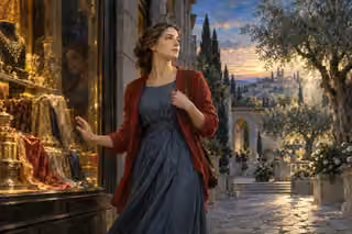 A woman in a slate dress and crimson cardigan turns from a jewelry shop window toward a sunlit olive courtyard.