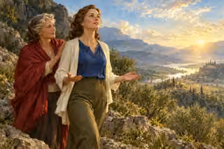 A woman steps forward in morning light with renewed spiritual strength, supported by an older companion.