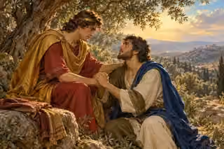 Jonathan clasps David's hand in reassurance beneath an olive tree.