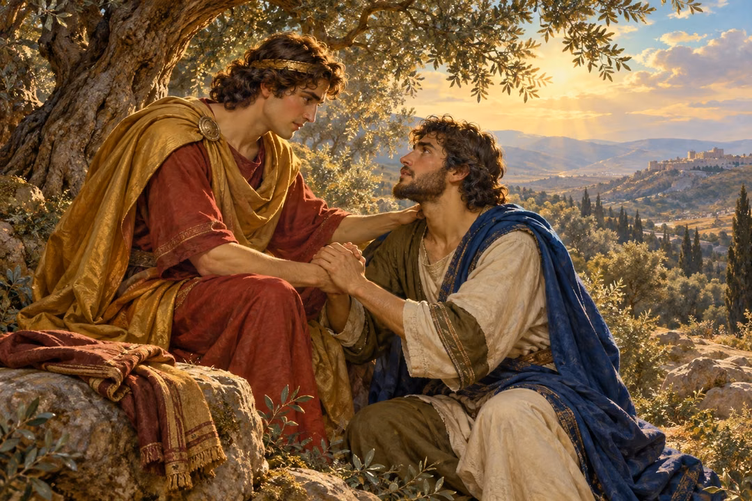 Jonathan clasps David's hand in reassurance beneath an olive tree.