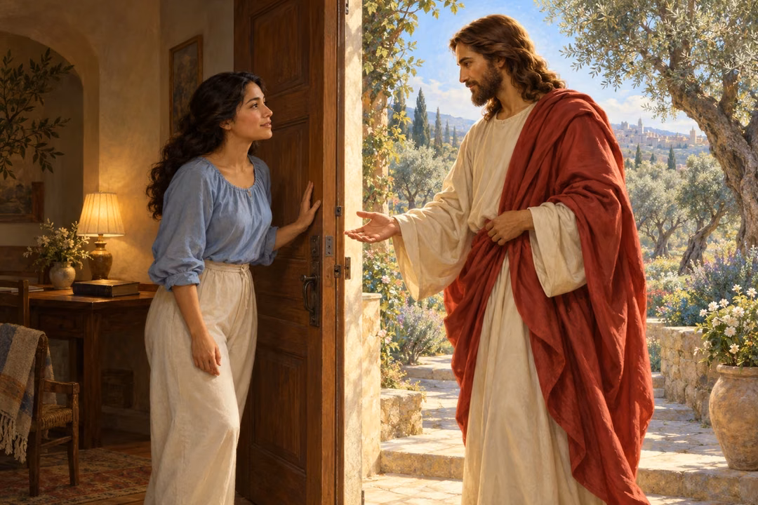 A modern Latina woman opens a wooden door to a gentle Christ-like visitor, with a quiet room behind her and a sunlit olive garden beyond the threshold.