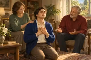 A young man in a blue cardigan kneels with closed eyes, a tear on his cheek and hands over his heart, while a woman in green supports his shoulder and an older man in crimson holds open hands beside a sunlit living-room window.