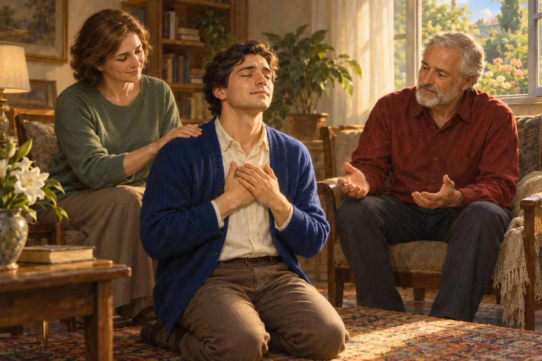 A young man in a blue cardigan kneels with closed eyes, a tear on his cheek and hands over his heart, while a woman in green supports his shoulder and an older man in crimson holds open hands beside a sunlit living-room window.