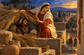 Rahab shelters two Israelite spies beneath drying flax as searchers pass below, showing protective faith and moral discernment.