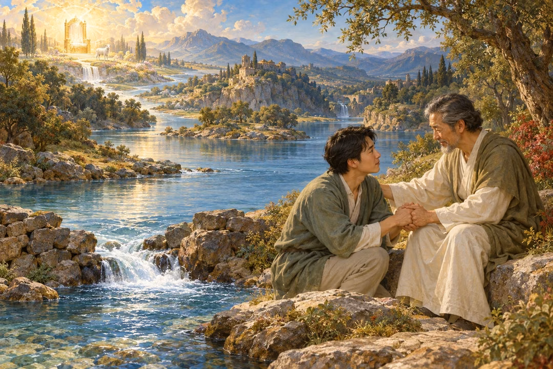 Two men reconcile beside a flowing clear river whose source lies near a radiant throne and lamb.