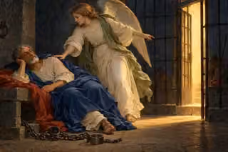 Peter sleeps peacefully on a prison bench as an angel opens the way out beside loosened chains.